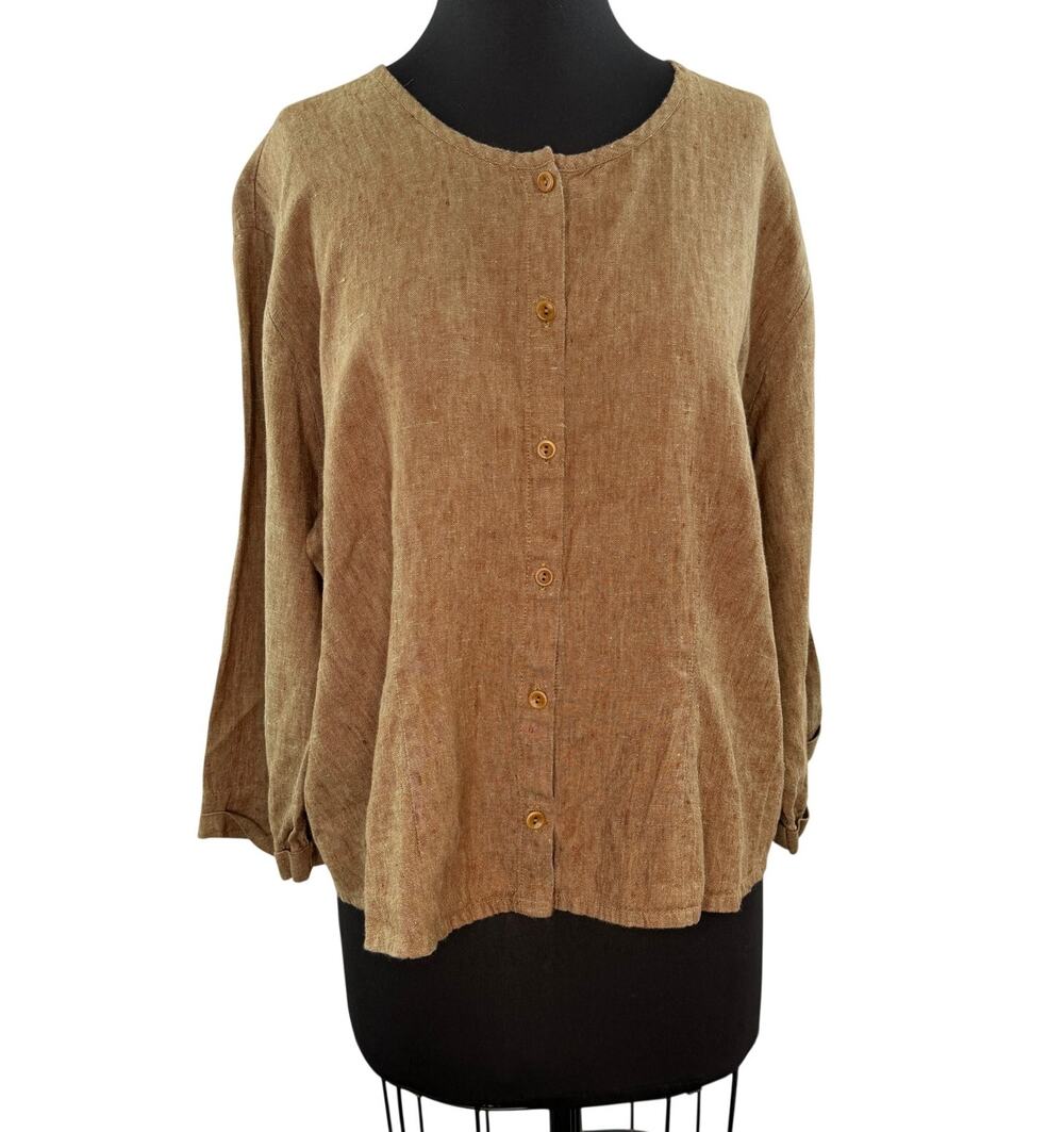 FLAX Brown Tan Top Linen Lagenlook Crew Neck Drop Shoulder Button-Up L Large
